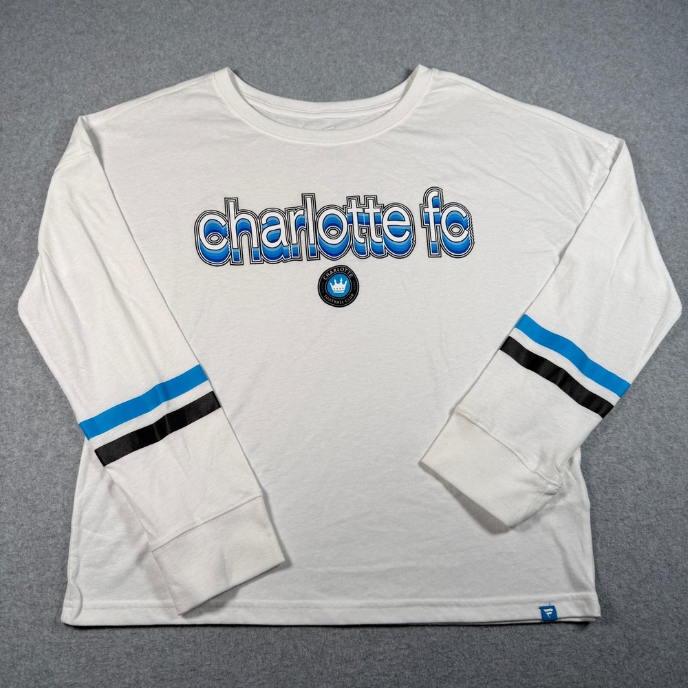 Fanatics Charlotte FC MLS Women White Blue Stripe Long Sleeve Shirt Medium NEW